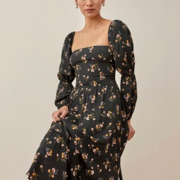 REFORMATION Mica Floral Midi Smocked Puff Sleeves Dress in Evita size 6/8 - Picture 3 of 11